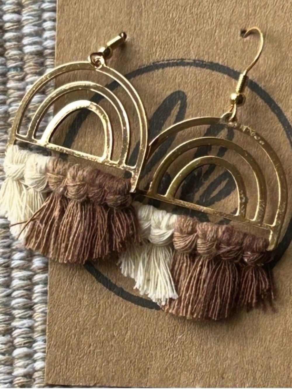 Gold Rainbow Neutral Tan Cream Brown Boho Tassel Earrings